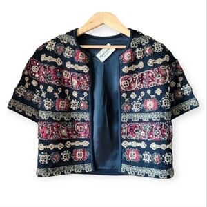 Vintage 60s Boho Gypsy Beaded Embroidered Short Sleeved Bolero Jacket XS